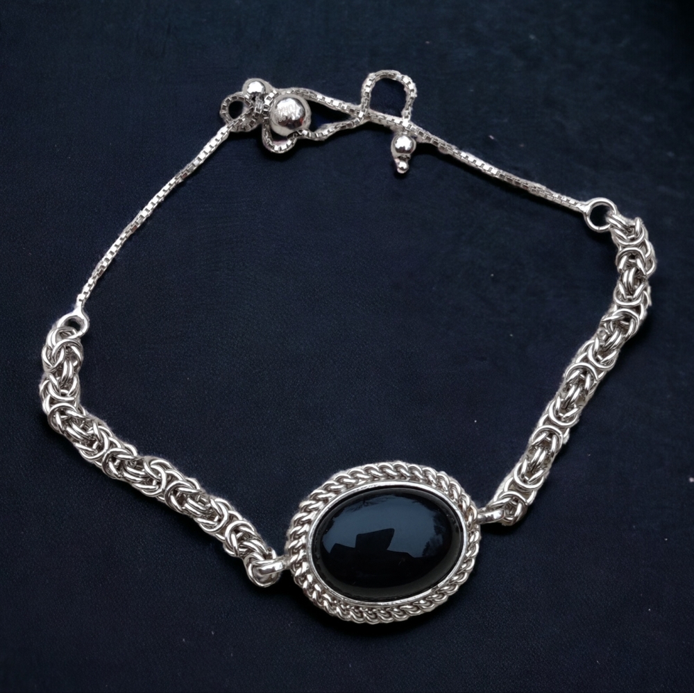 Sterling Silver Black Onyx Oval Link Bracelet